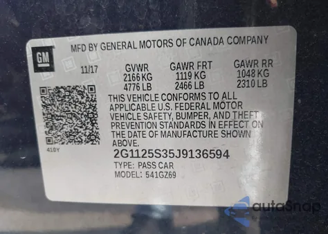 2018 Chevrolet Impala 2Lz from USA, damaged, VIN 2G1125S35J9136594